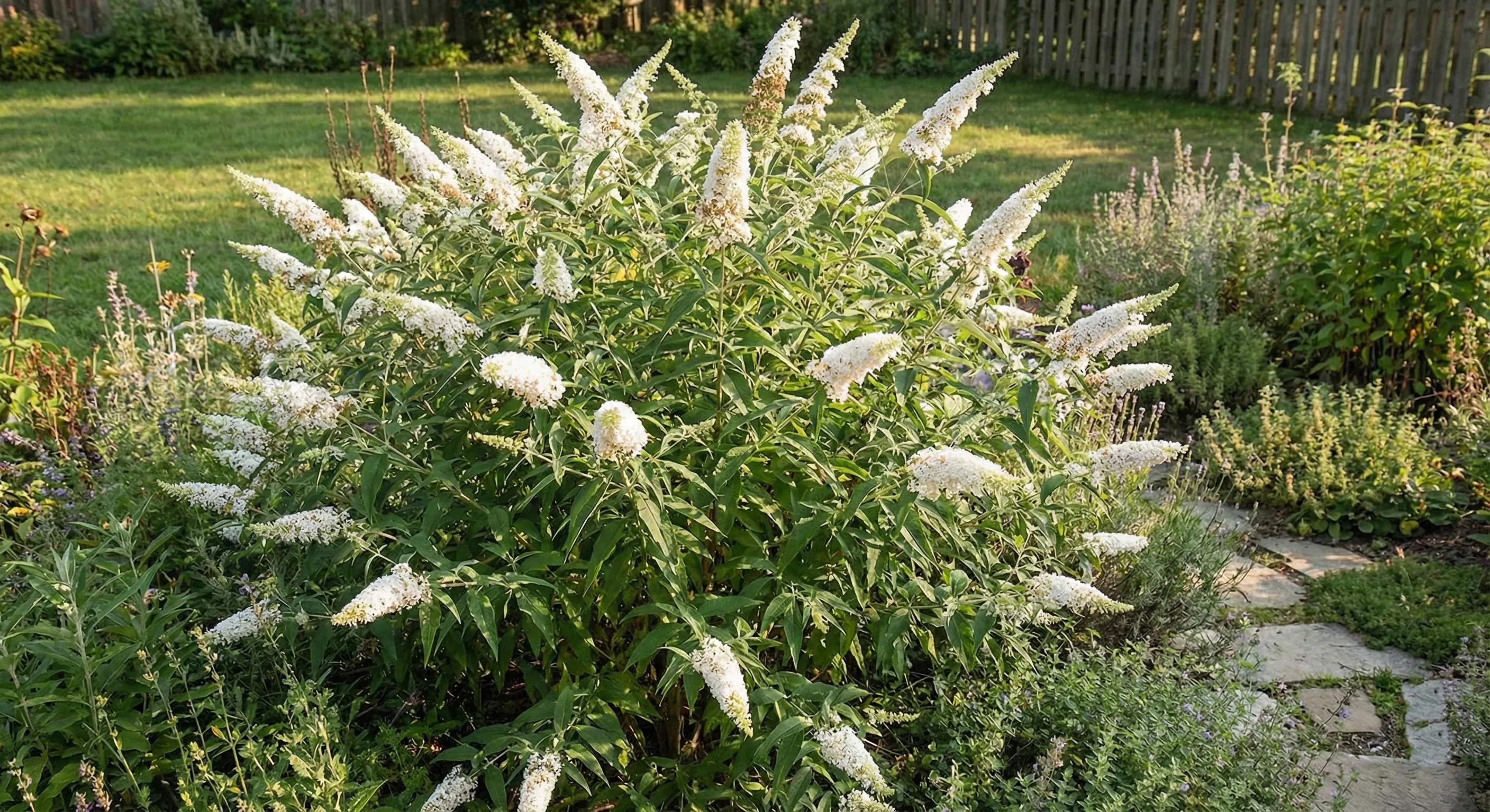 kwitnąca na biało budleja Dawida White Profusion