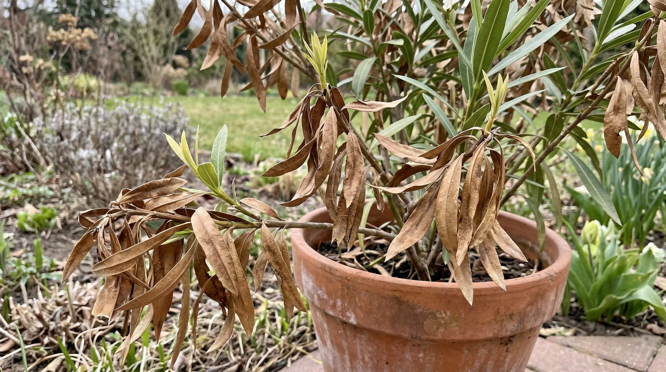 dlaczego oleander pospolity ma suche liście po zimie