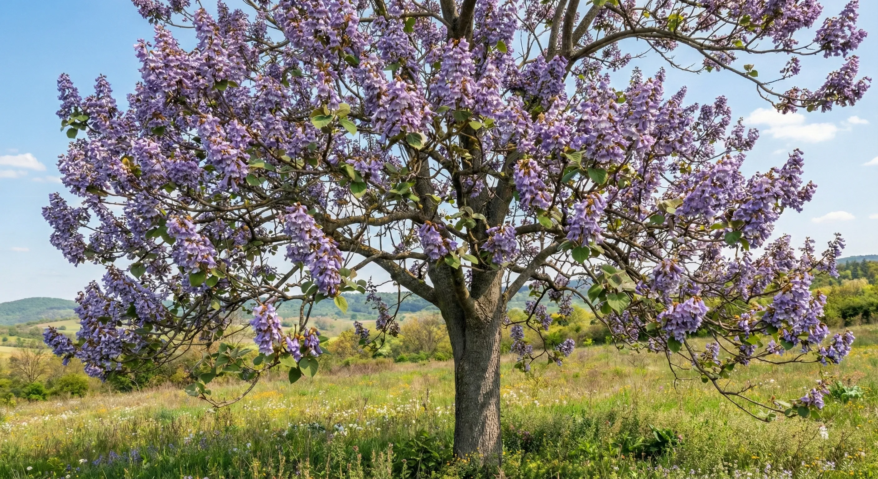 kwitnąca na fioletowo paulownia omszona