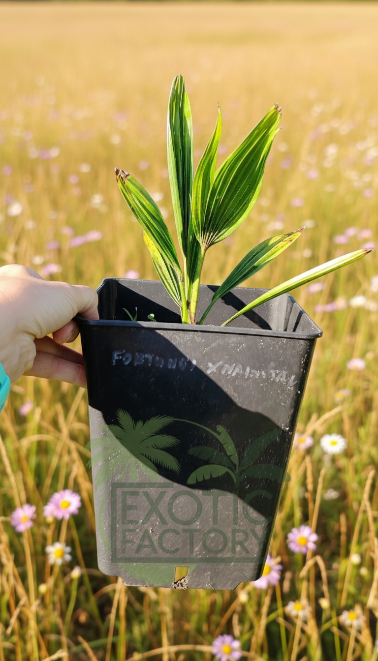 oferowana w sprzedaży wysyłkowej sadzonka palmy mrozoodpornej Trachycarpus fortunei x naini tal w doniczce