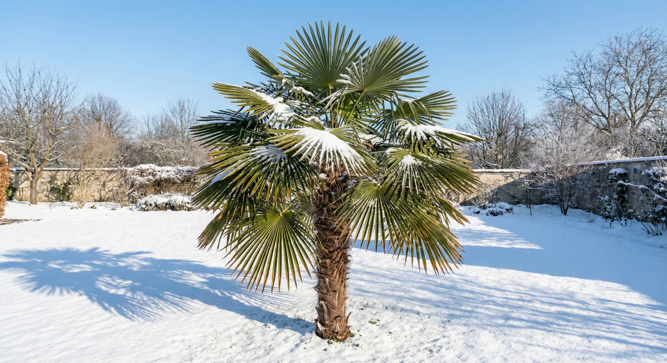 palma mrozoodporna Trachycarpus fortunei w polskim ogrodzie zimą